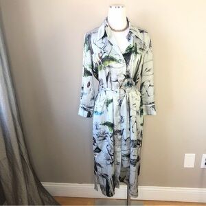 Zara pastel green woodland forest animal print silky belted shirt midi dress M